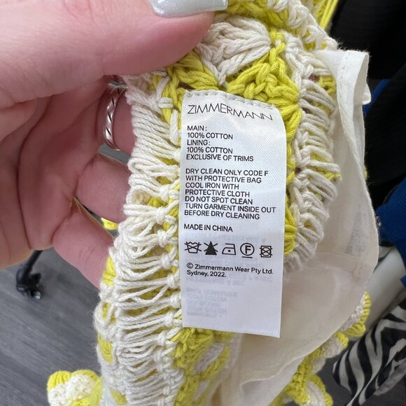$795 NWT Zimmermann Yellow White Crochet Halcyon Frill Mini Dress sz 4/IT 40 - Picture 14 of 14